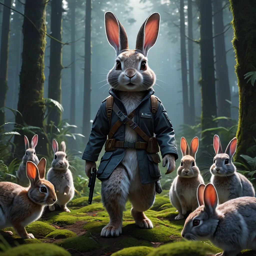 a rabbit in a forest with rabbits in the foreground and a man in a blue jacket and hat, furry art, poster art, Chris LaBrooy, key art
