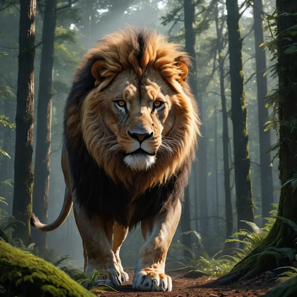a lion walking through a forest with trees in the background and fog in the air above it, with a light shining on the lion's face, furry art, concept art, Chris LaBrooy, imax 70 mm footage
