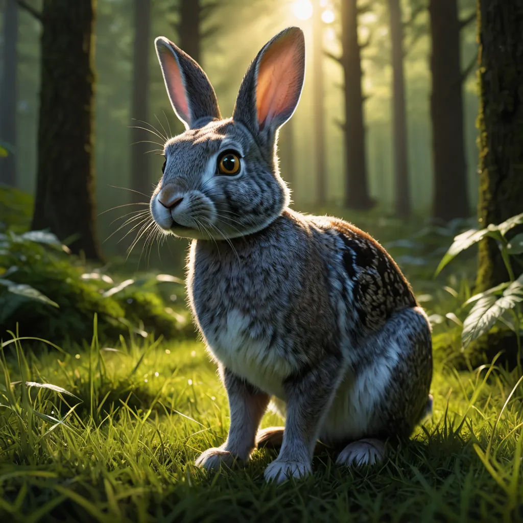 a rabbit sitting in the grass in a forest with the sun shining through the trees behind it and the grass is green, photorealism, a 3D render, Chris LaBrooy, ultra realistic digital art