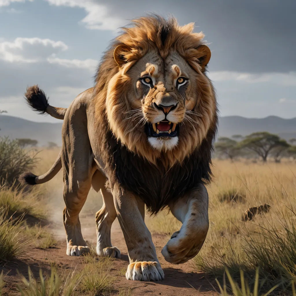 a lion running across a dirt road in the wild with a sky background and clouds in the background,, photorealism, a photorealistic painting, Chris LaBrooy, wildlife photography