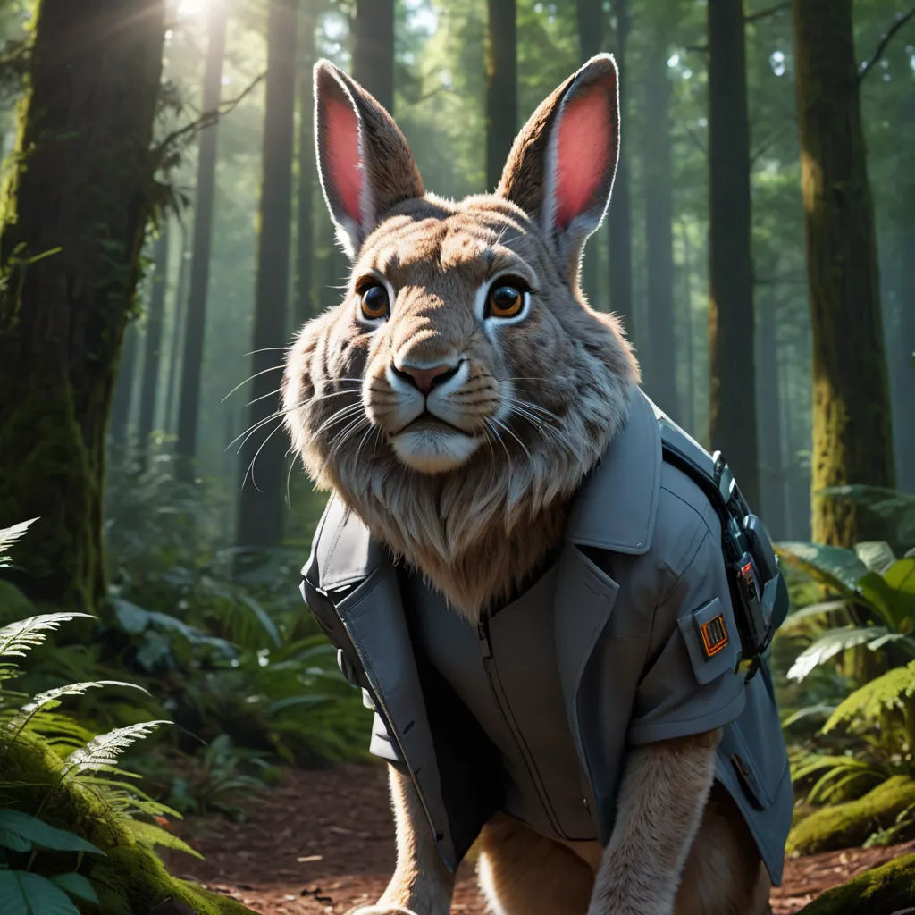 a rabbit in a jacket is walking through the woods with a backpack on its back and a backpack on its back, furry art, a character portrait, Chris LaBrooy, unreal engine 5 quality render