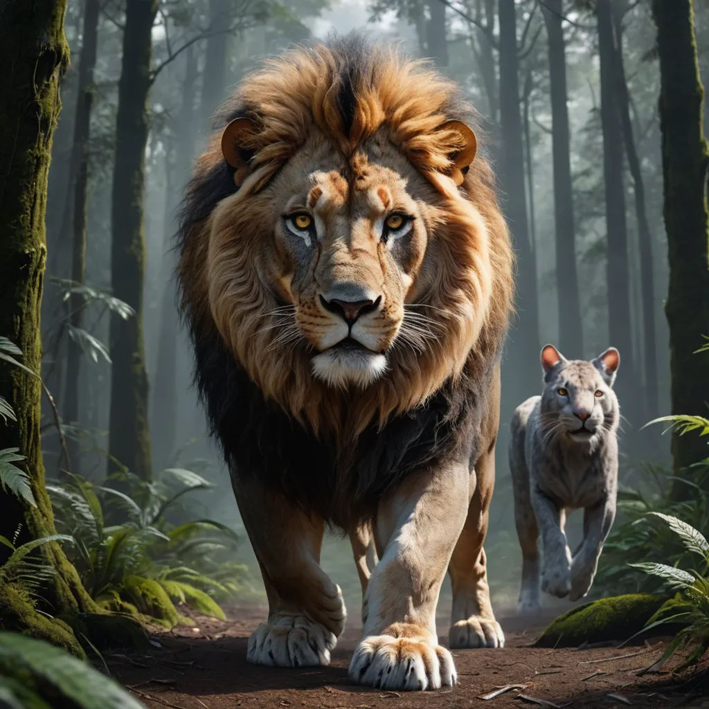 a lion and a lioness walking through a forest together in the wild, with a third lion in the background, furry art, a poster, Chris LaBrooy, promotional image