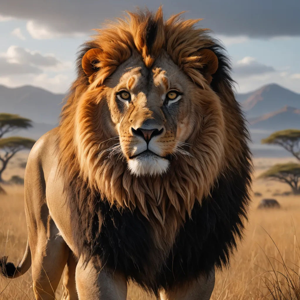 a lion walking through a dry grass field with mountains in the background and clouds in the sky above it, sumatraism, a photorealistic painting, Chris LaBrooy, wildlife photography