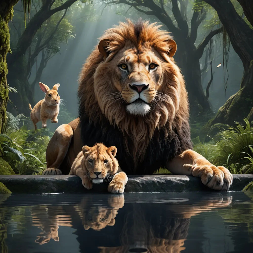 a lion and a lion cub are sitting in the water in front of a forest scene with a reflection of the water, photorealism, a poster, Chris LaBrooy, imax 70 mm footage