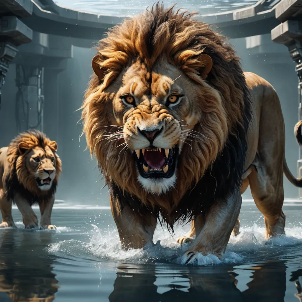 a lion is walking through the water with another lion in the background and a man is walking behind it, photorealism, concept art, Chris LaBrooy, unreal engine highly rendered