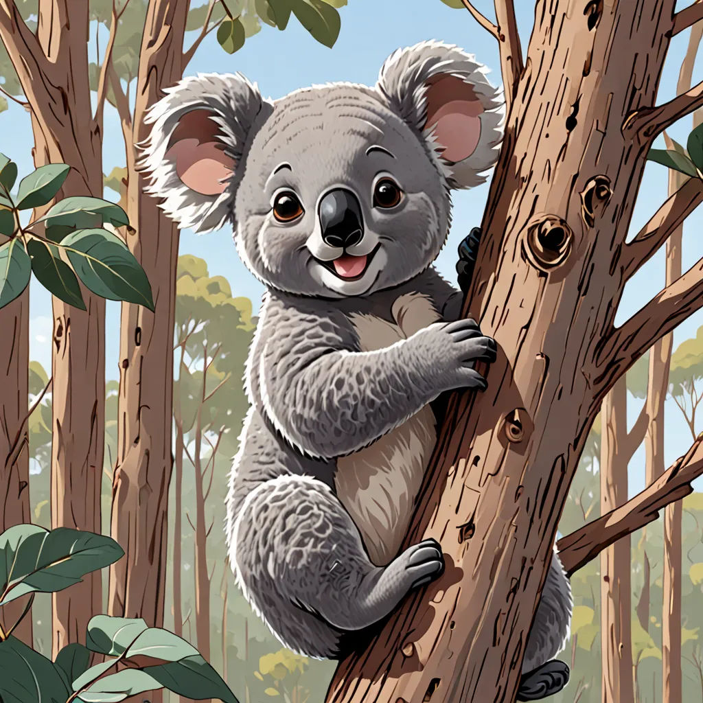 a koala bear is climbing a tree in the forest with leaves on the ground and a sky background, furry art, a storybook illustration, Aloysius O'Kelly, official art