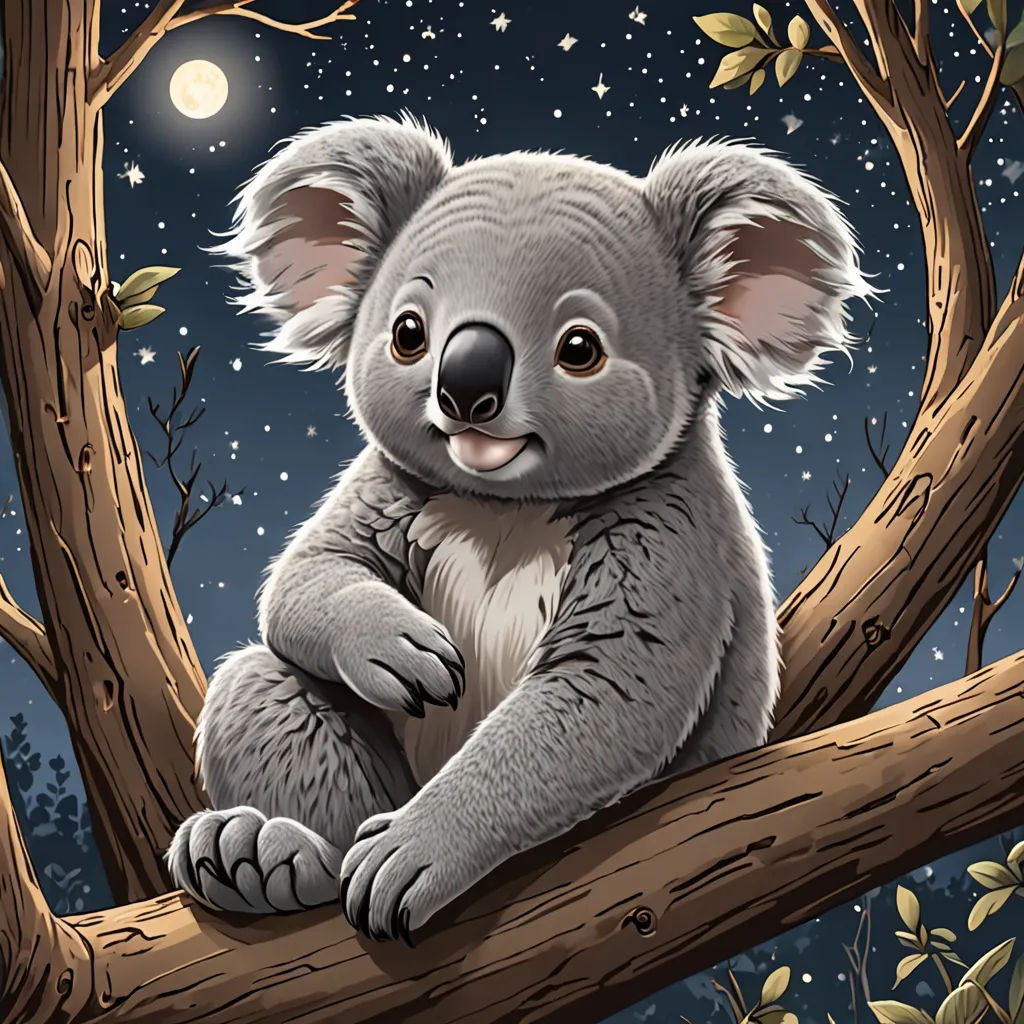 a koala sitting on a tree branch with a full moon in the background and stars in the sky, fantasy art, a storybook illustration, Aloysius O'Kelly, storybook illustration