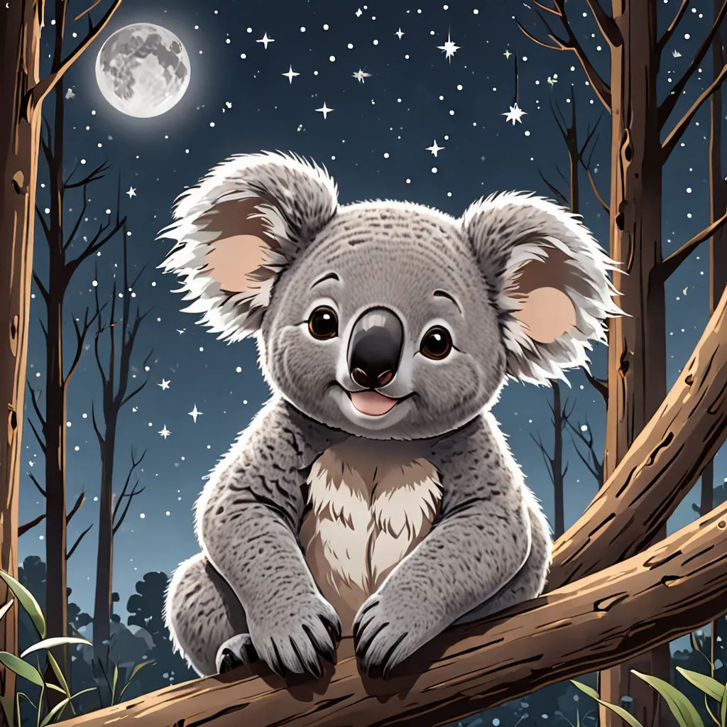 a koala sitting on a tree branch in the night sky with stars and a full moon in the background, fantasy art, a storybook illustration, Aloysius O'Kelly, storybook illustration