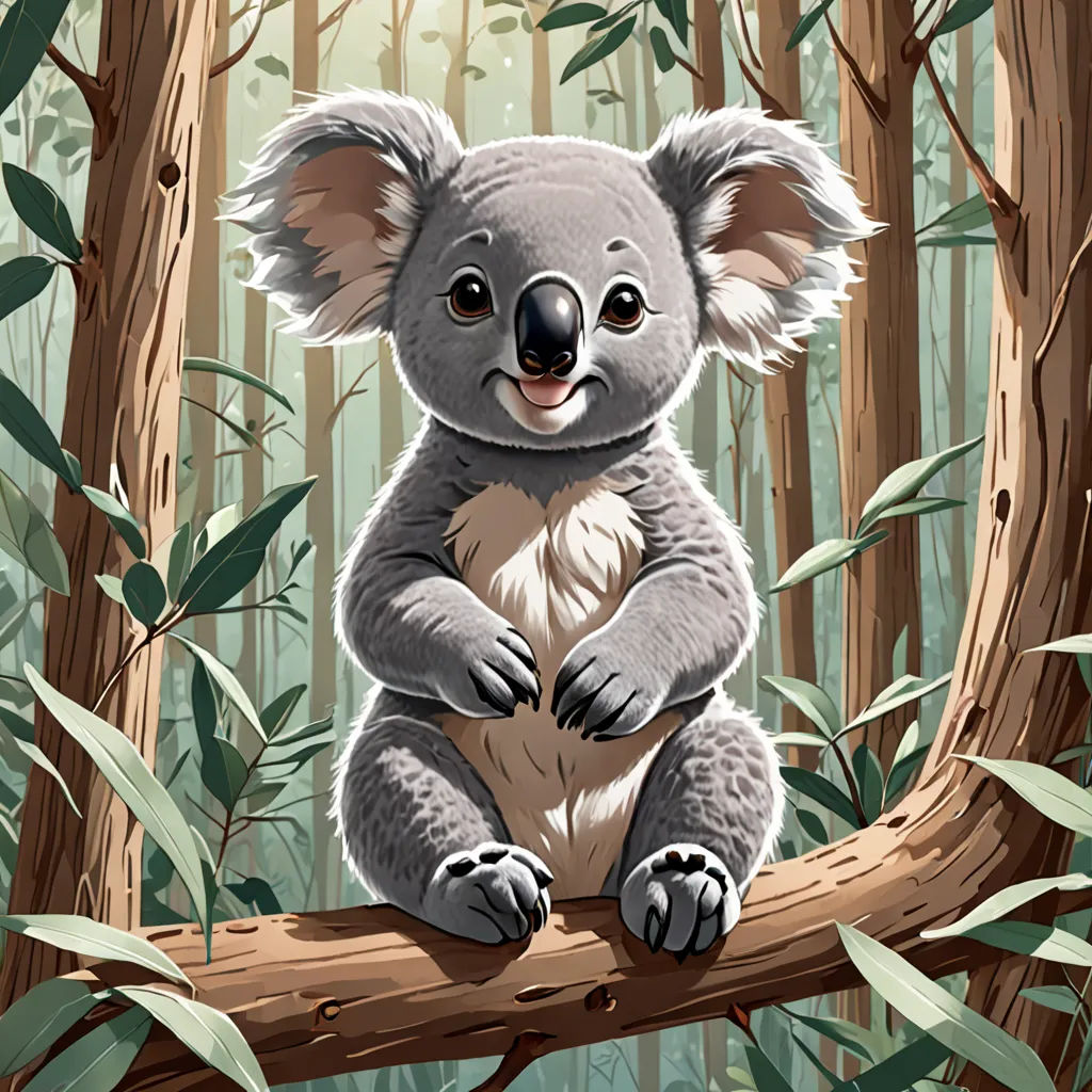 a koala sitting on a tree branch in a forest with leaves and branches around it, with a green background, furry art, a storybook illustration, Aloysius O'Kelly, storybook illustration