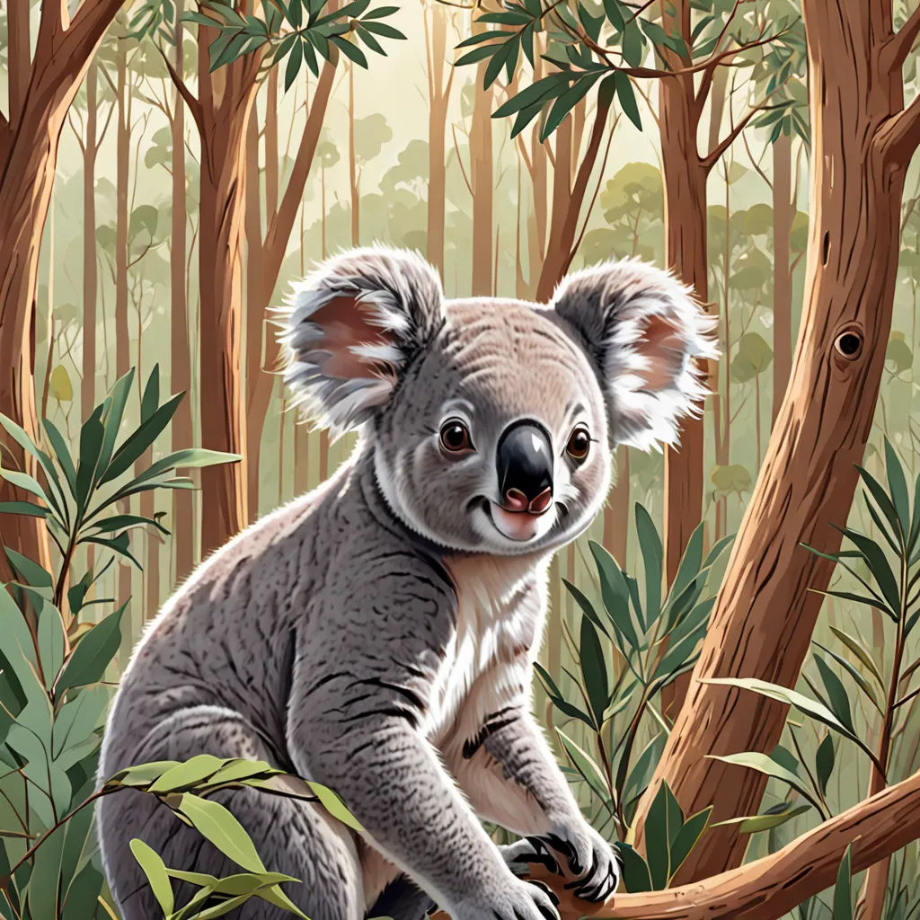 a koala sitting on a tree branch in a forest with trees and leaves around it, with a sky background, furry art, a storybook illustration, Chris LaBrooy, highly detailed digital painting