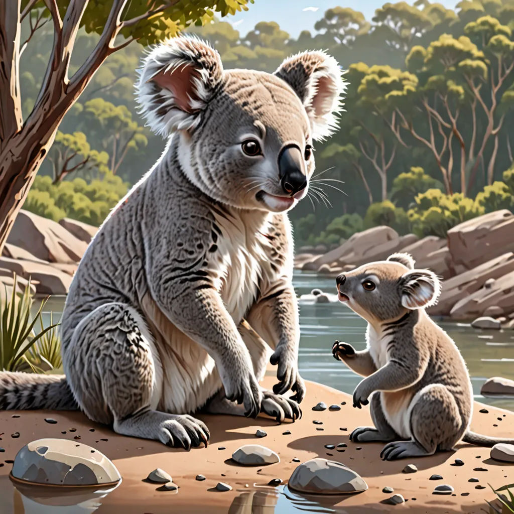 a koala and her baby are sitting on the rocks by the water and trees in the background,, furry art, a storybook illustration, Chris LaBrooy, storybook illustration