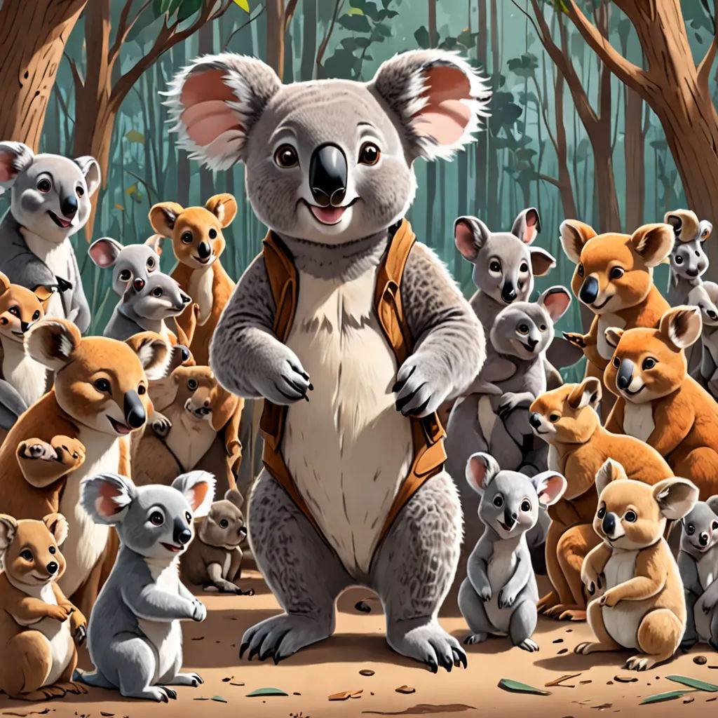 a group of koalas standing around a forest with a person in a vest and a group of koalas, furry art, a storybook illustration, Chris LaBrooy, trending on furaffinity