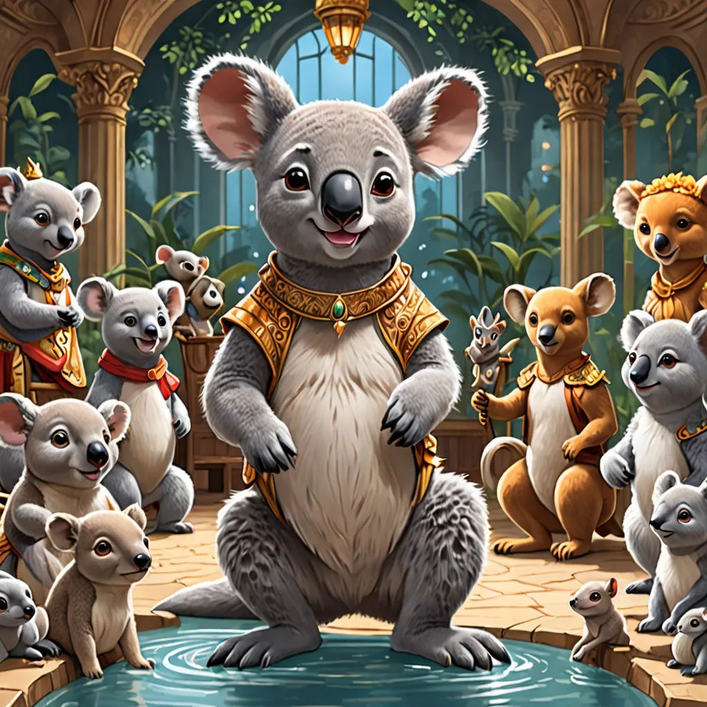 a group of animals standing around a pool of water in a room with a chandelier and a clock, furry art, a storybook illustration, Chris LaBrooy, key art