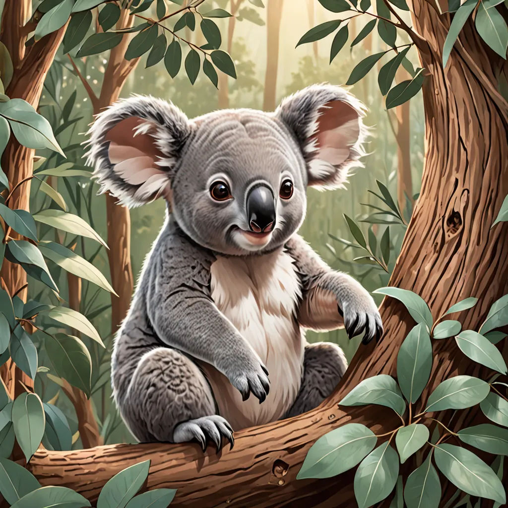 a koala sitting on a tree branch in a forest with leaves and a sunbeam in the background, furry art, a storybook illustration, Chris LaBrooy, magic the gathering artwork