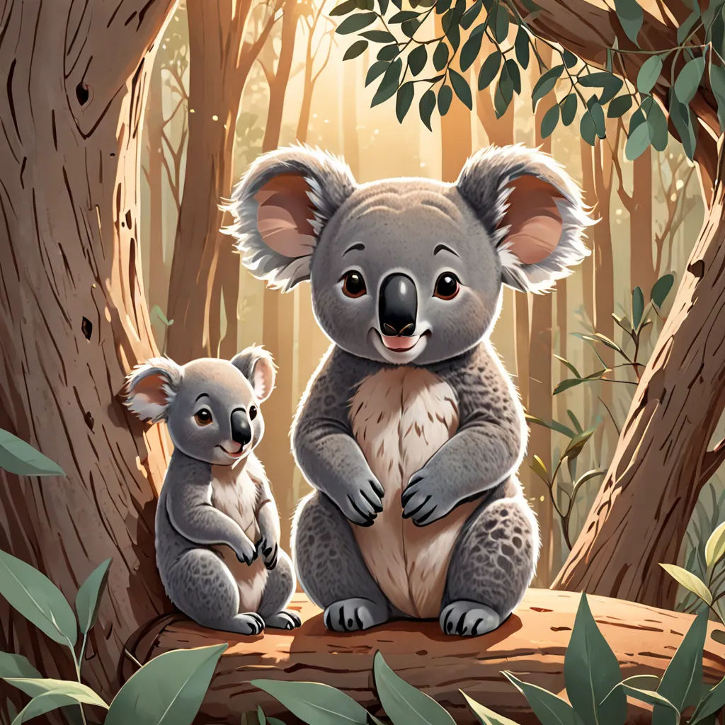 a koala and her baby sitting in a tree in the forest with leaves on the ground and a sun shining through the trees, furry art, a storybook illustration, Chris LaBrooy, storybook illustration