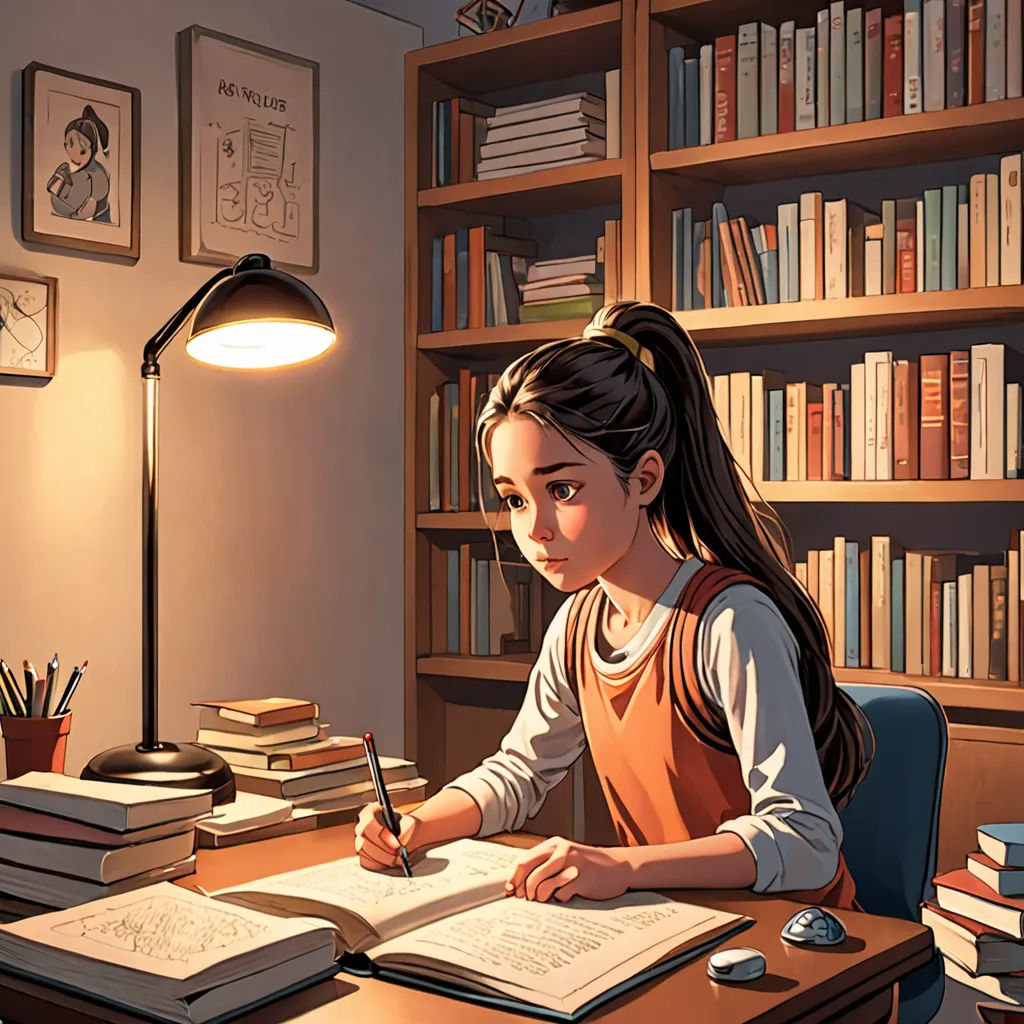 a girl sitting at a desk with a book and pen in her hand and a book on the desk, academic art, a comic book panel, Artgerm, rossdraws global illumination