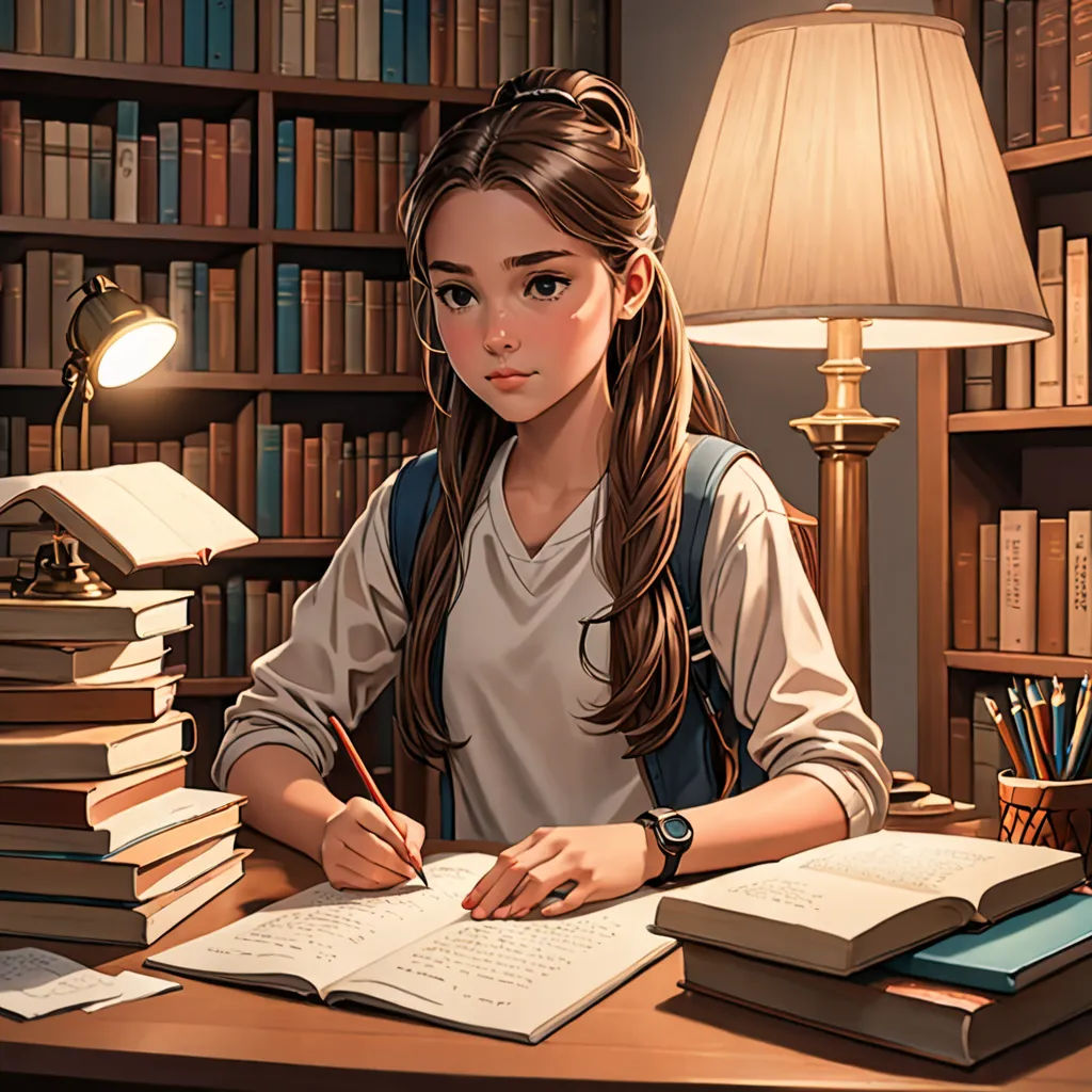 a girl sitting at a desk with books and a lamp on it, writing a book in a library, academic art, a storybook illustration, Artgerm, rossdraws global illumination
