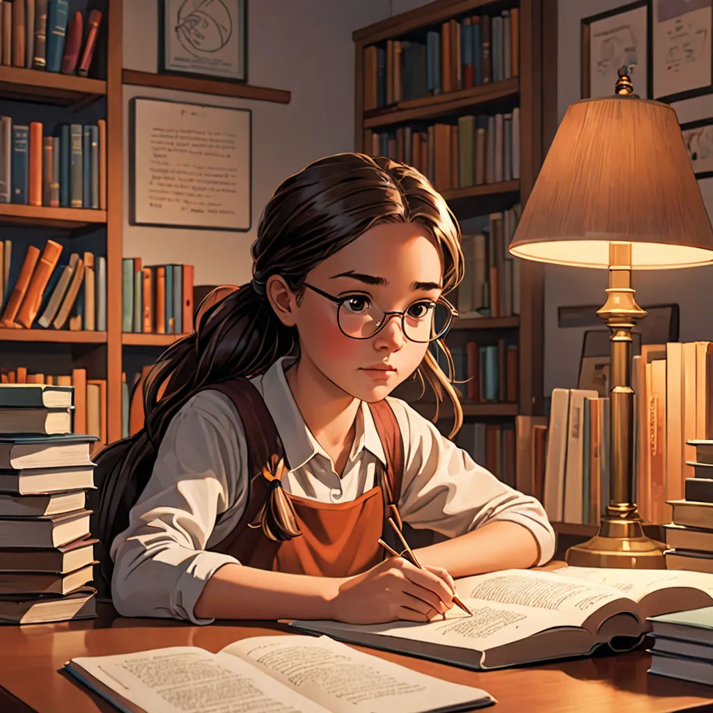 a girl sitting at a desk with a book and a lamp in front of her and a bookcase full of books, academic art, a storybook illustration, Artgerm, rossdraws global illumination