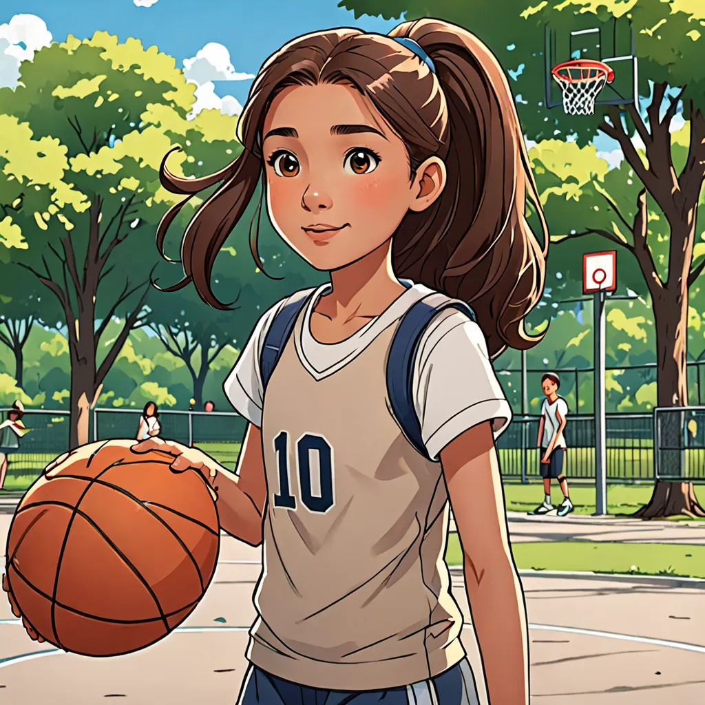 a girl holding a basketball on a basketball court in a park with people playing basketball in the background and trees, rayonism, a character portrait, Chizuko Yoshida, official art
