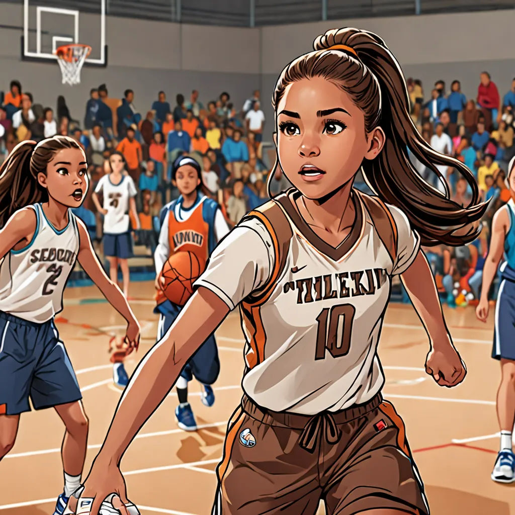 a cartoon of a girl in a basketball game with a basketball in her hand and a basketball in her other hand, process art, a comic book panel, Allan Brooks, comic cover art