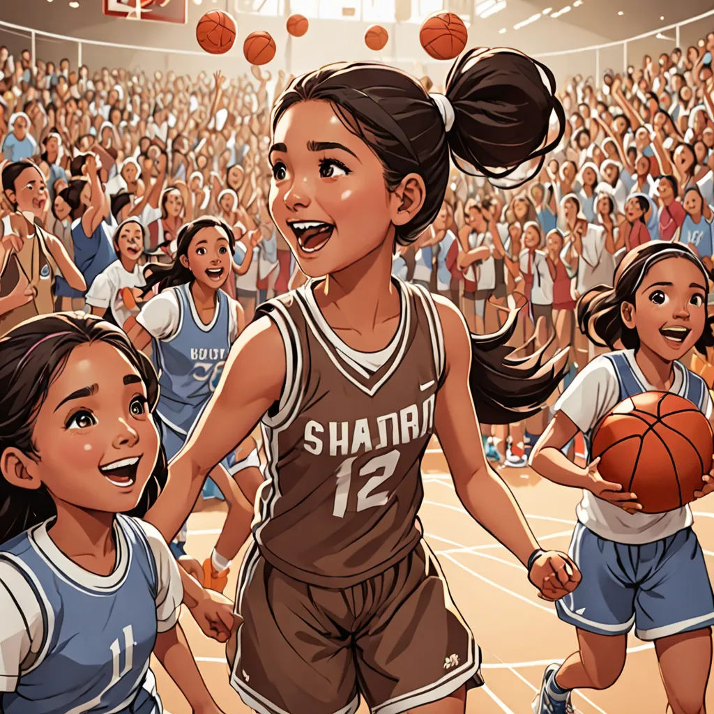 a cartoon of a girl basketball player and a girl basketball player in a crowd of people watching her play, sumatraism, a storybook illustration, Asaf Hanuka, stanley artgerm lau