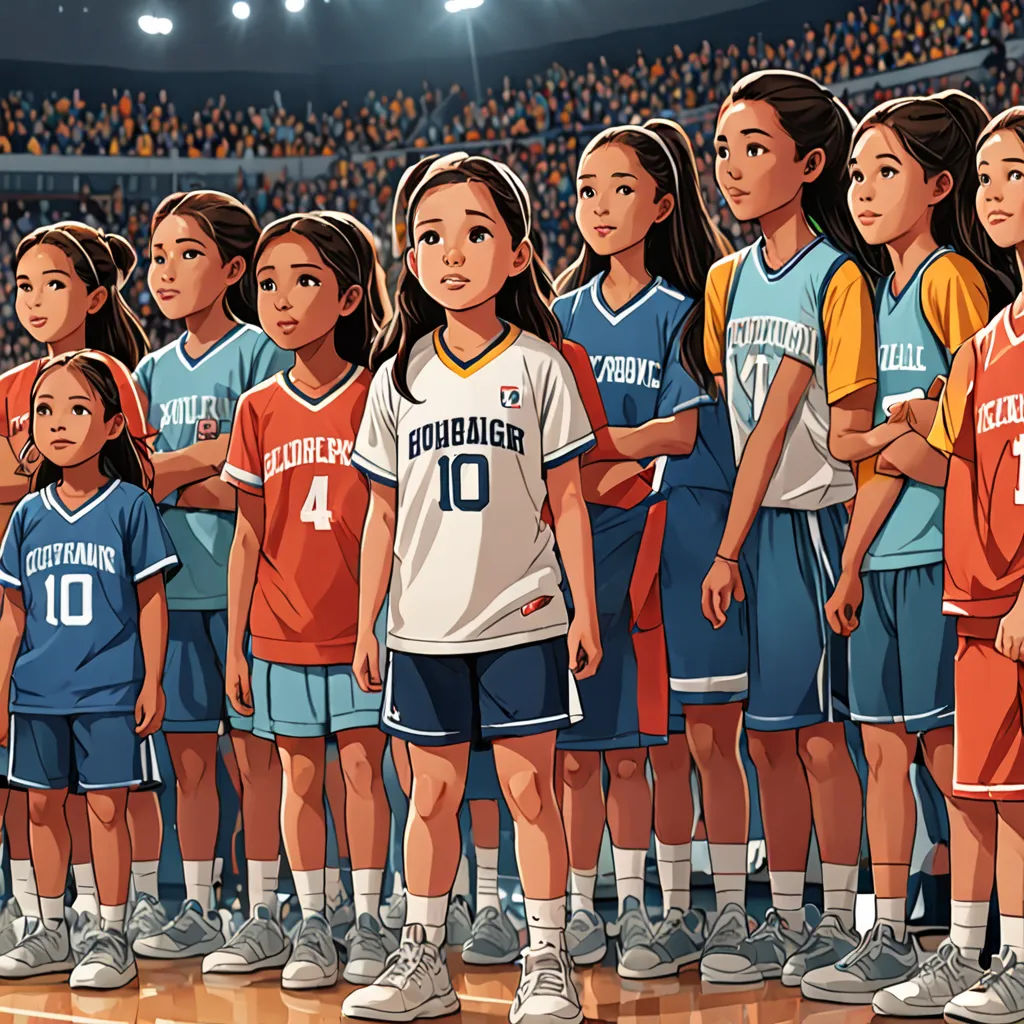 a group of girls in uniforms standing in a line in front of a crowd of people in a basketball court, process art, a storybook illustration, Chris LaBrooy, animated