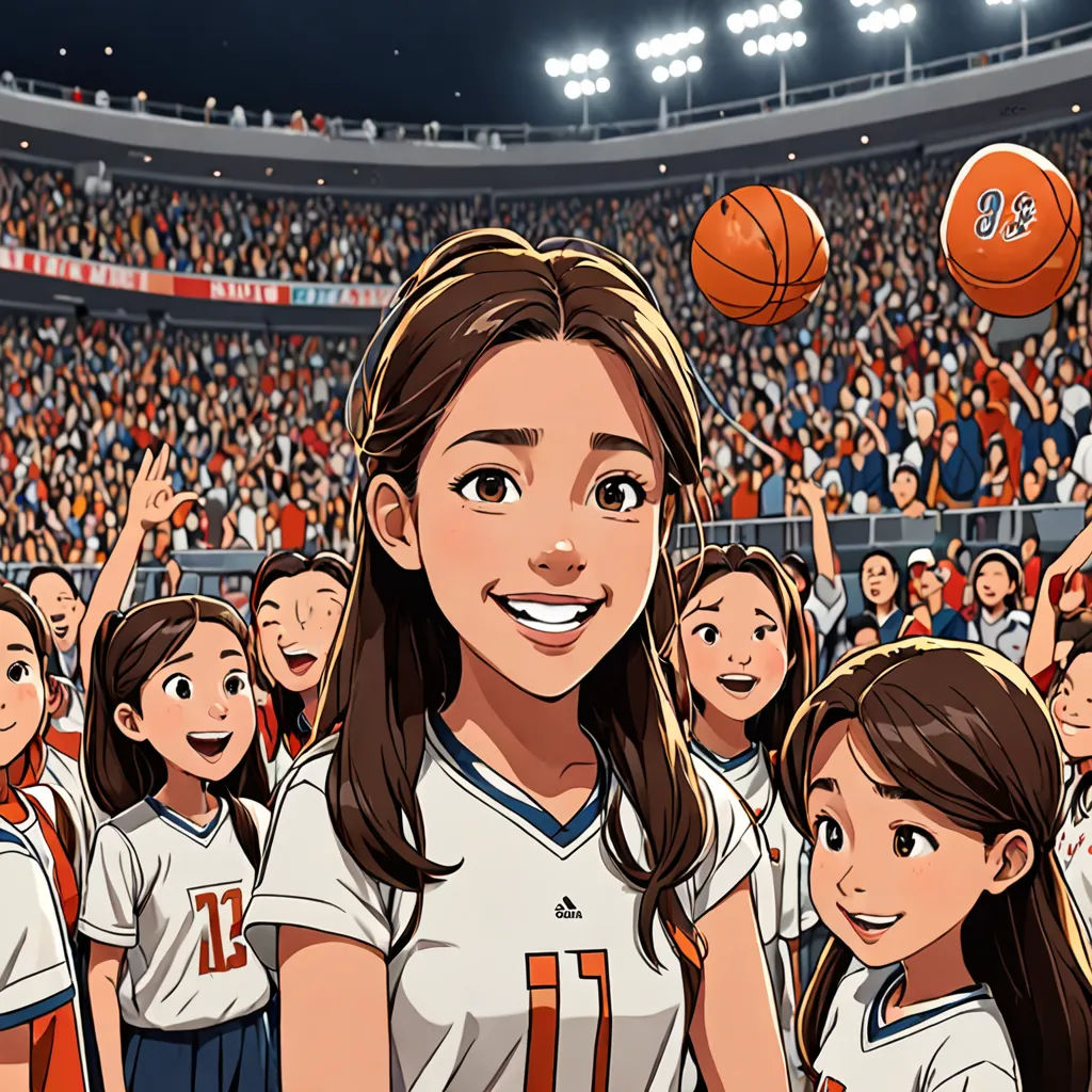 a cartoon of a girl in a sports uniform with a basketball in the air above her head and a crowd of people behind her, incoherents, a comic book panel, Choi Buk, animated