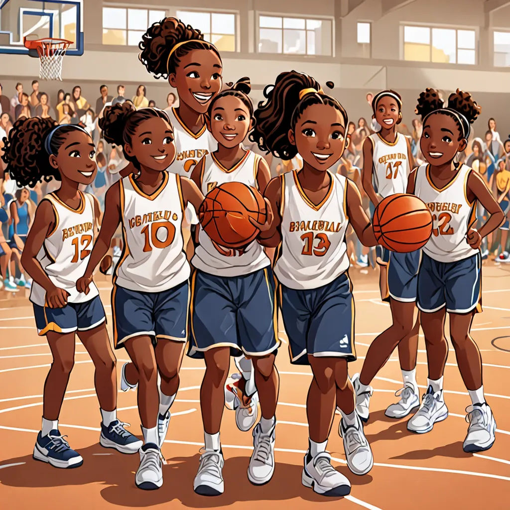 a group of girls in basketball uniforms standing on a basketball court with a basketball in their hands and a crowd of people watching, harlem renaissance, a storybook illustration, Allan Brooks, official art