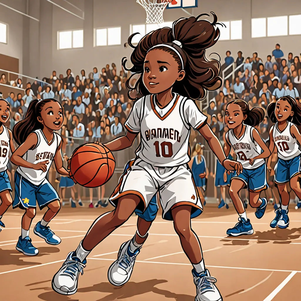 a cartoon of a girl dribbling a basketball while other girls watch her on the court and people in the stands watch, process art, a storybook illustration, Allan Brooks, graphic novel