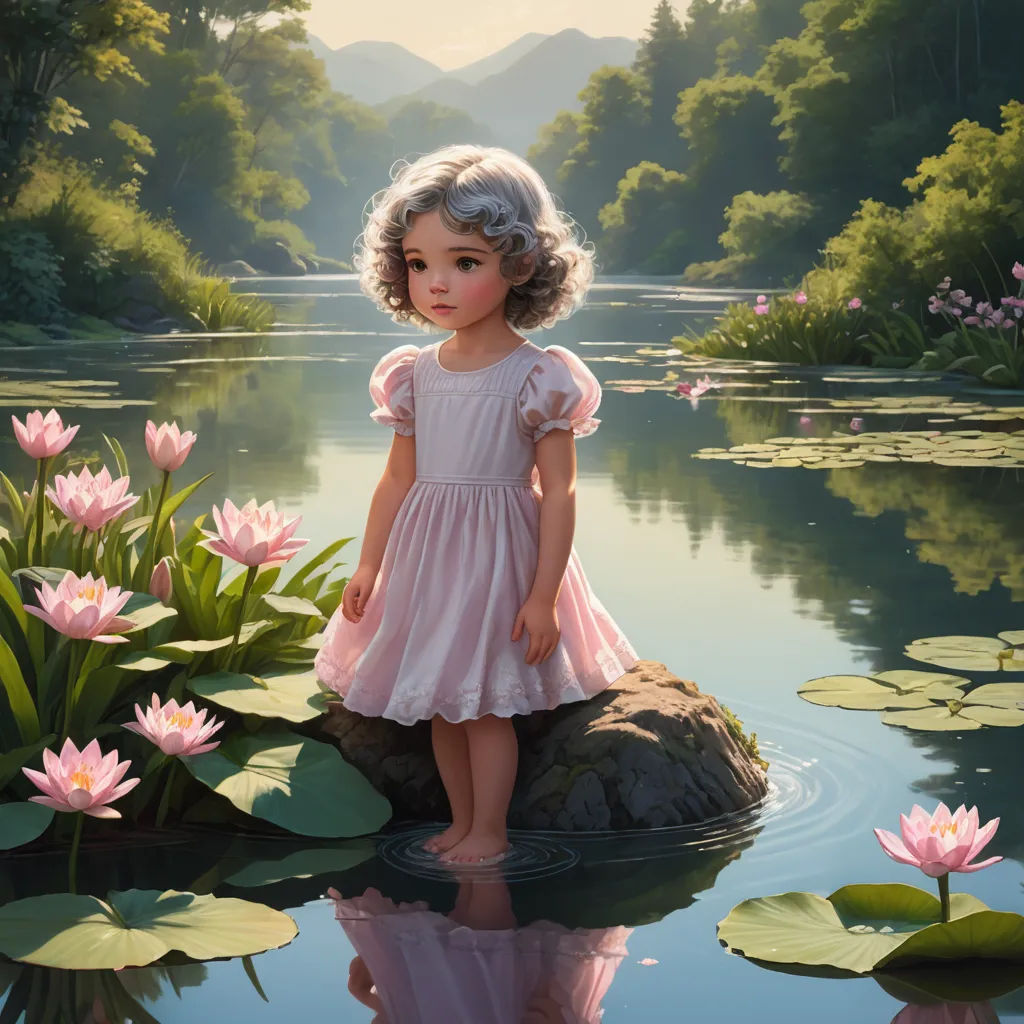 a painting of a little girl standing on a rock in a pond of water lilies and lily pads, photorealism, a storybook illustration, Elinor Proby Adams, highly detailed digital painting