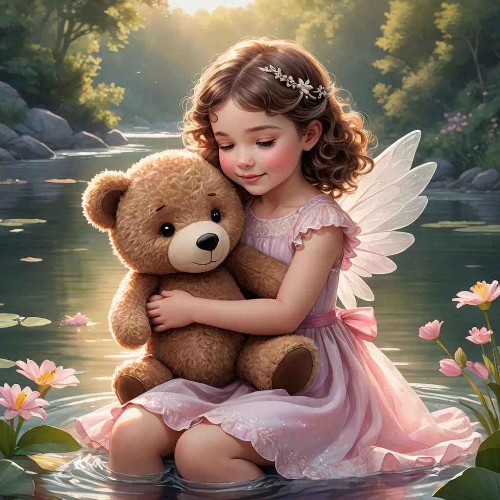 a little girl holding a teddy bear in a pond of water with flowers around her and a forest in the background, fantasy art, a storybook illustration, Caroline Lucy Scott, soft painting