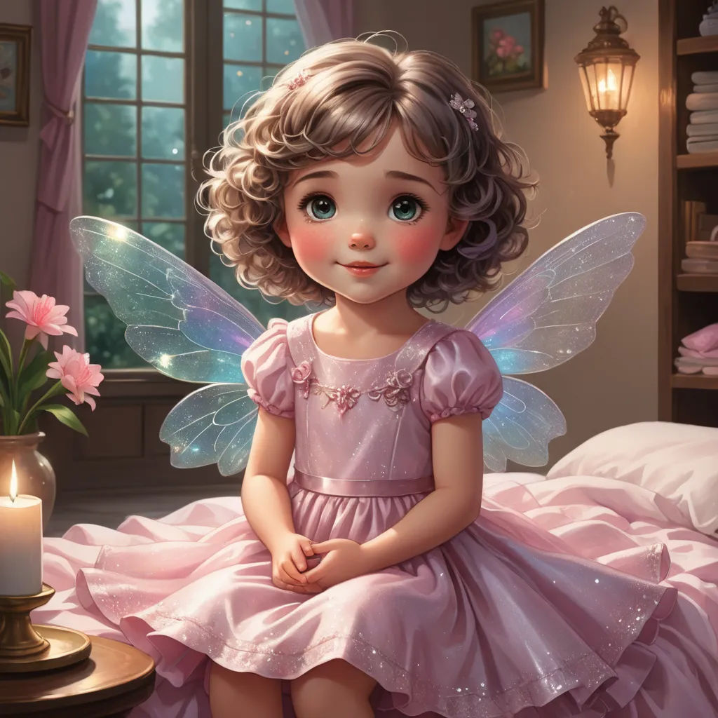 a little girl dressed in pink sitting on a bed with a candle in front of her and a window behind her, fantasy art, a storybook illustration, Arthur Hughes, kinkade