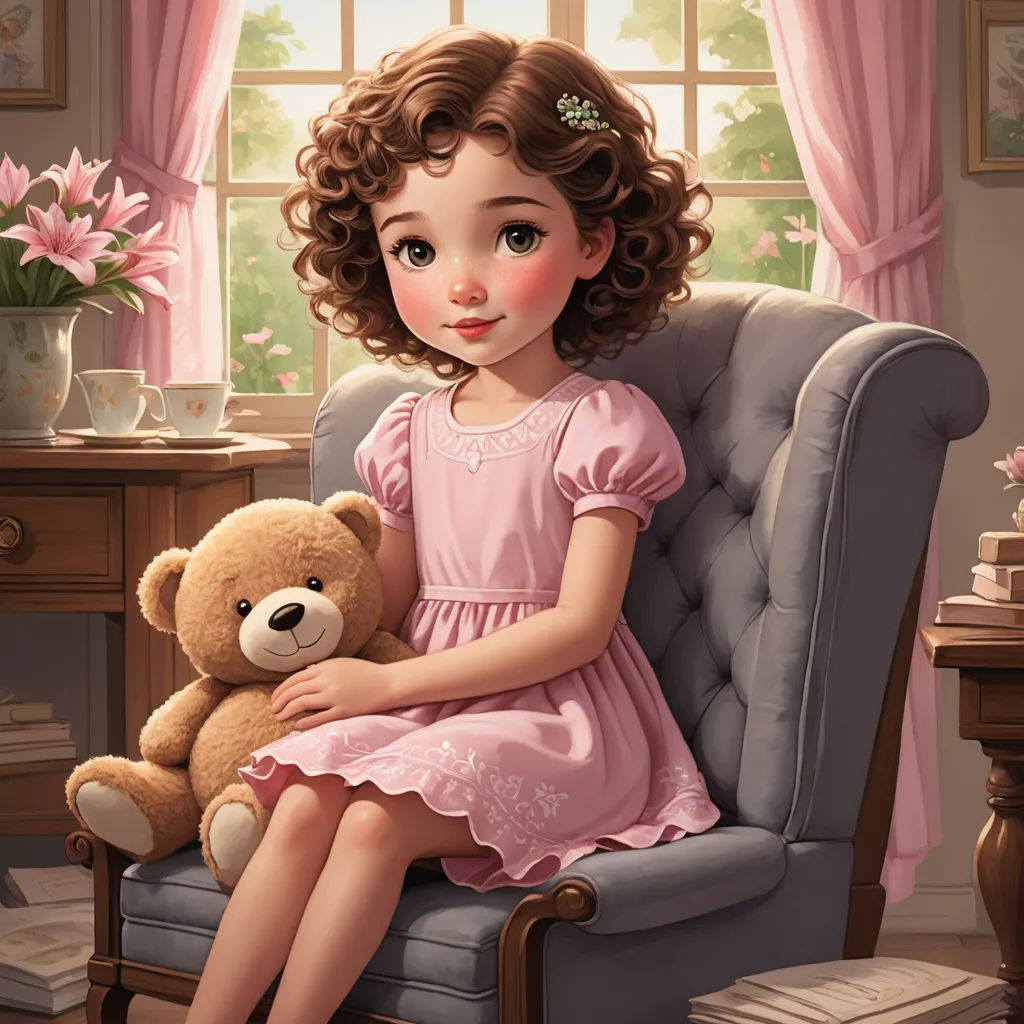 a painting of a little girl sitting in a chair with a teddy bear in her lap and a pink dress, photorealism, a storybook illustration, Clarice Beckett, cgstudio