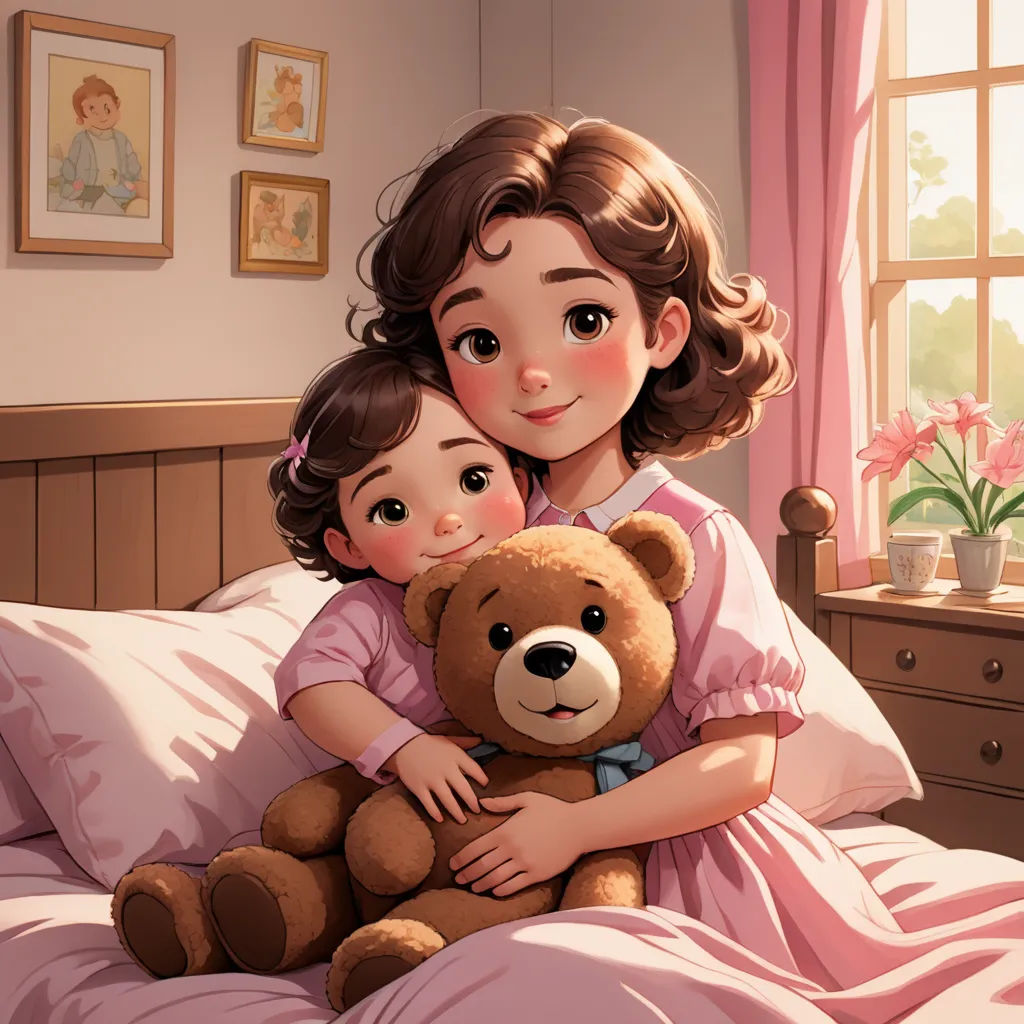 a woman and a child are sitting on a bed together, hugging a teddy bear, with a pink curtain behind them, photorealism, a storybook illustration, disney, storybook illustration