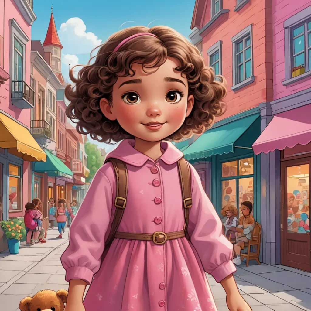 a cartoon girl in a pink dress is holding a teddy bear in a city street with a pink building, american barbizon school, a storybook illustration, disney, kinkade