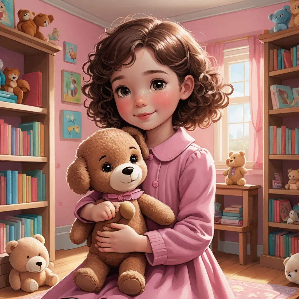a girl in a pink dress holding a teddy bear in a pink room with bookshelves and teddy bears, photorealism, a storybook illustration, Clarice Beckett, cgstudio