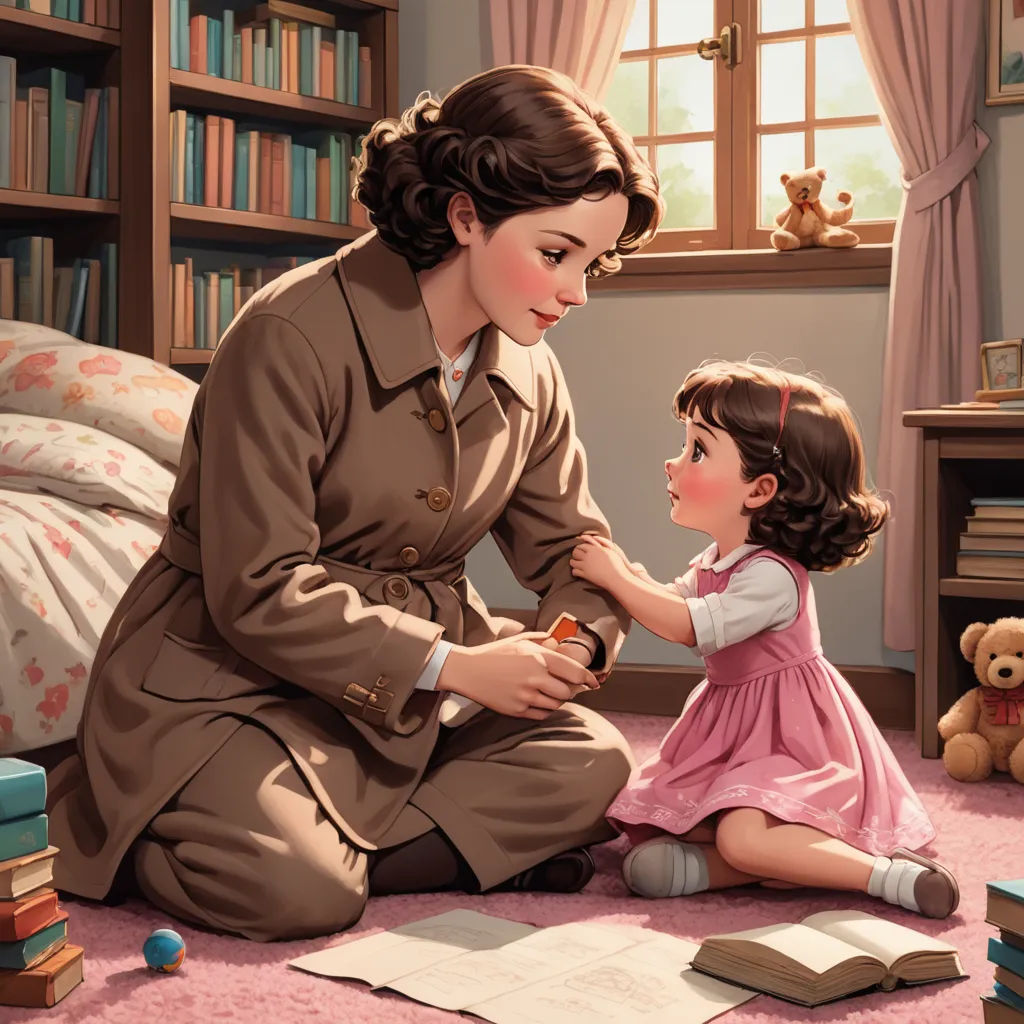 a painting of a woman and a child in a room with books and teddy bears on the floor and a teddy bear on the floor, remodernism, a storybook illustration, Clarice Beckett, storybook illustration