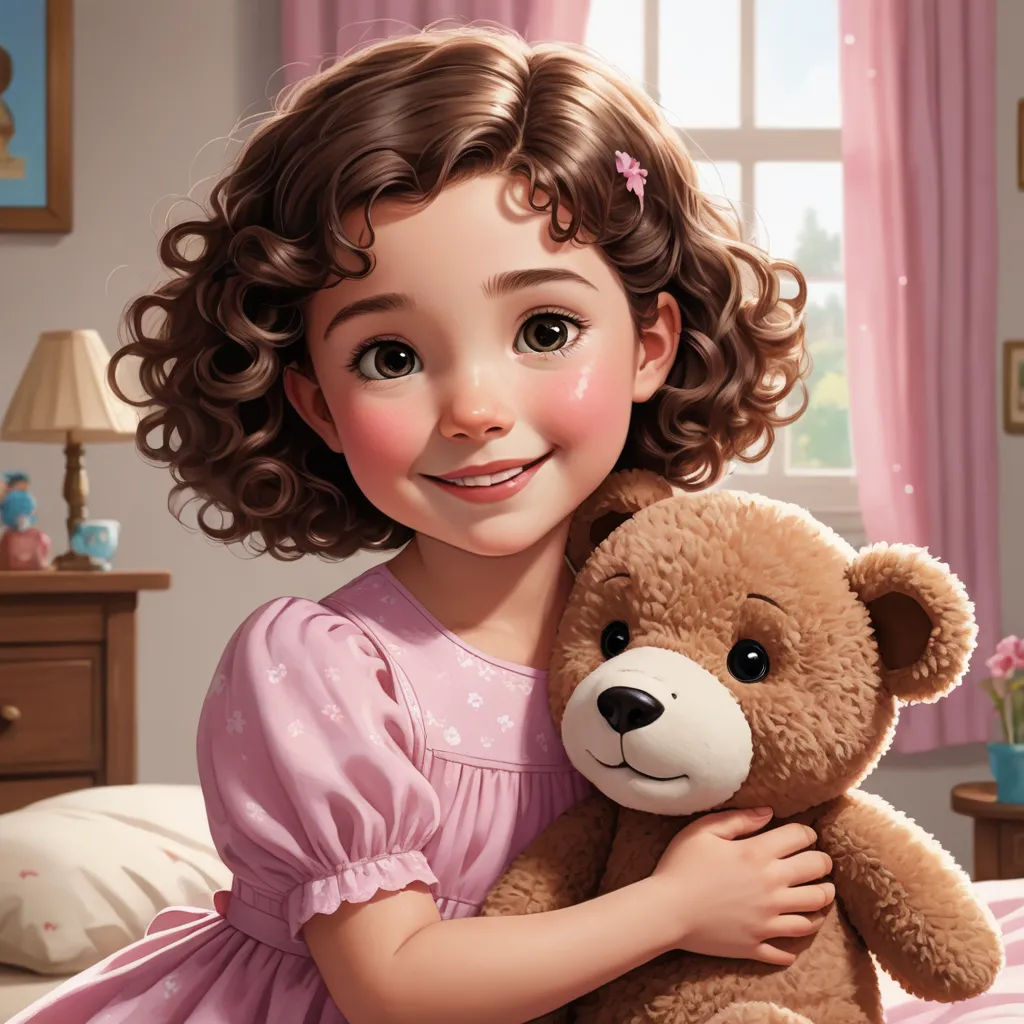 a girl in a pink dress holding a teddy bear in her arms and smiling at the camera with a pink curtain behind her, photorealism, a storybook illustration, Clarice Beckett, cgstudio