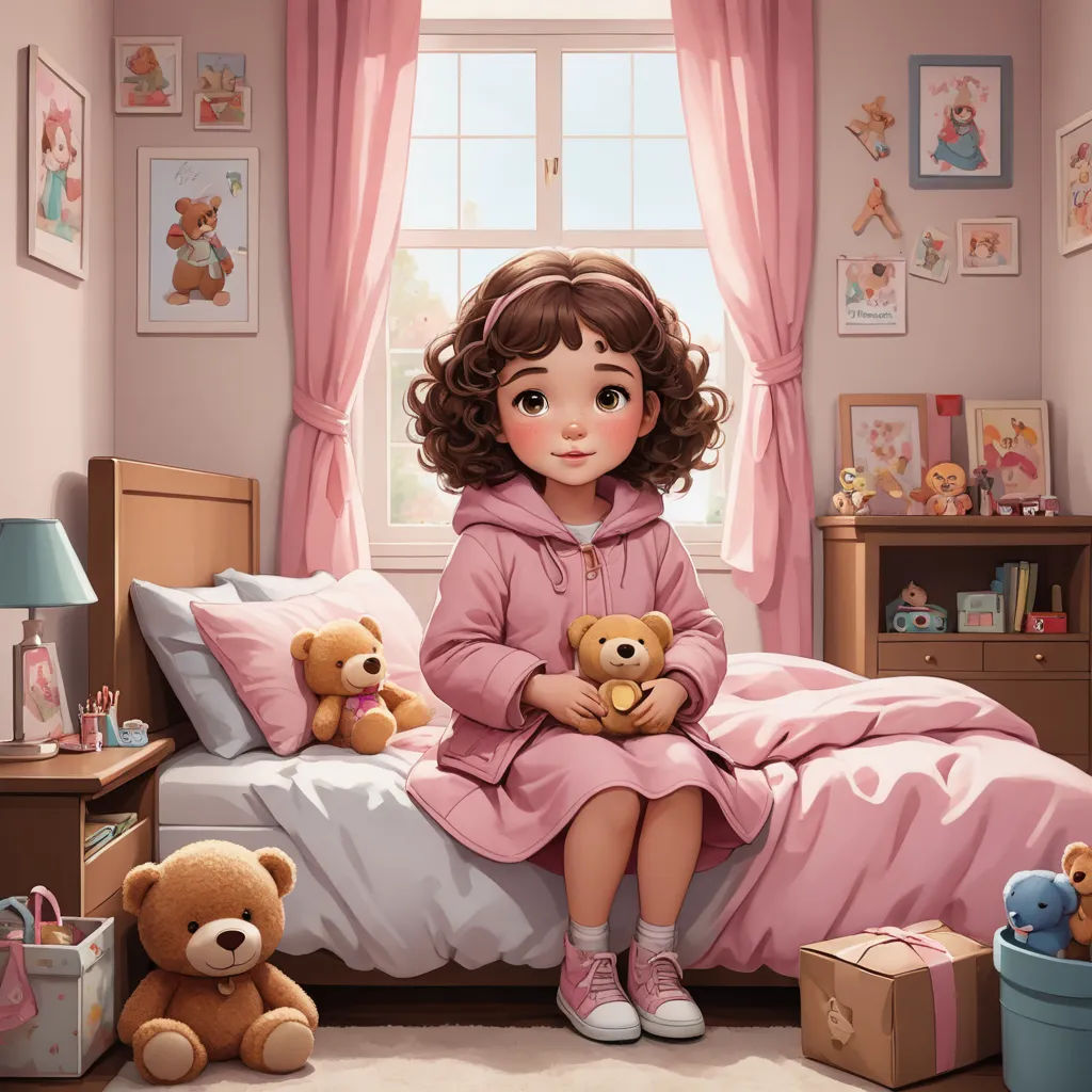 a girl sitting on a bed with teddy bears in her hands and a teddy bear in her lap, in front of a window, photorealism, a storybook illustration, Chris LaBrooy, cgstudio
