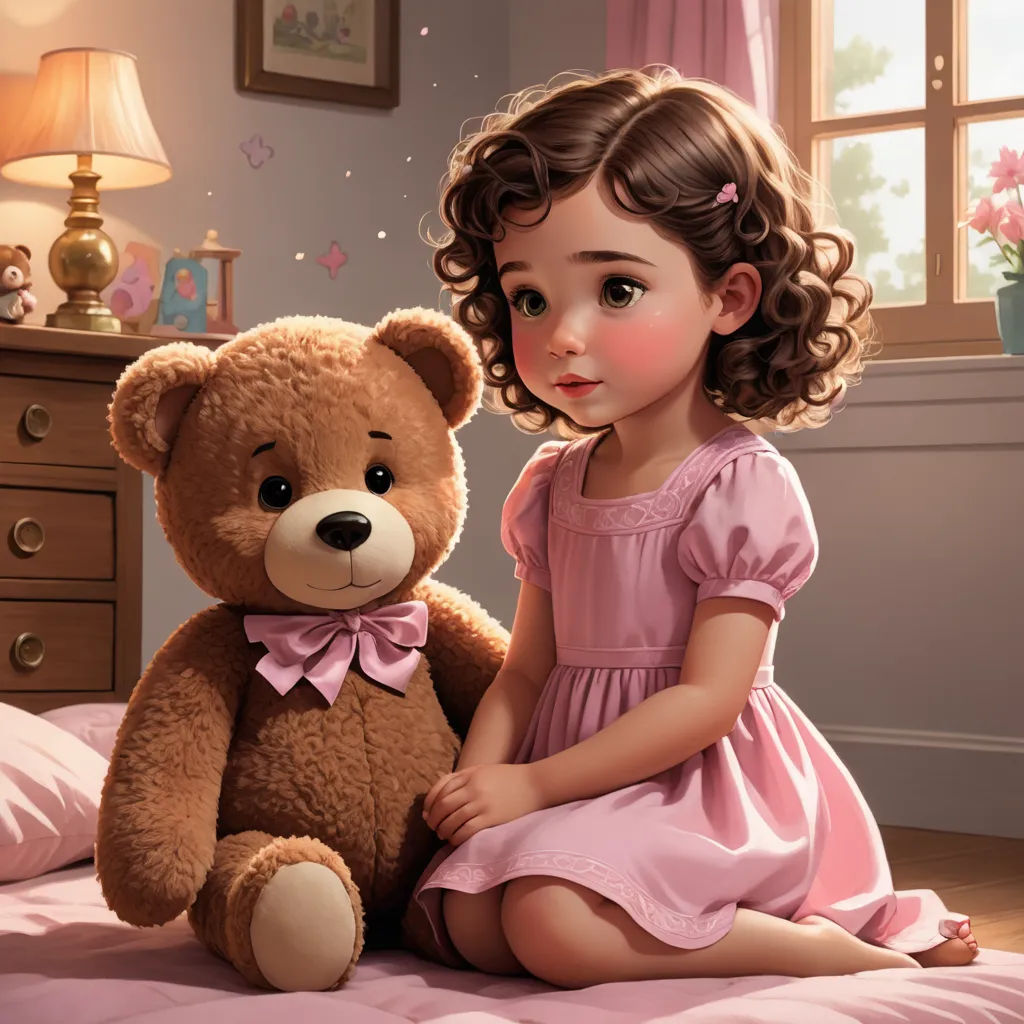 a little girl sitting on a bed next to a teddy bear with a pink dress on and a pink flower in her hair, photorealism, a storybook illustration, Clarice Beckett, cgstudio