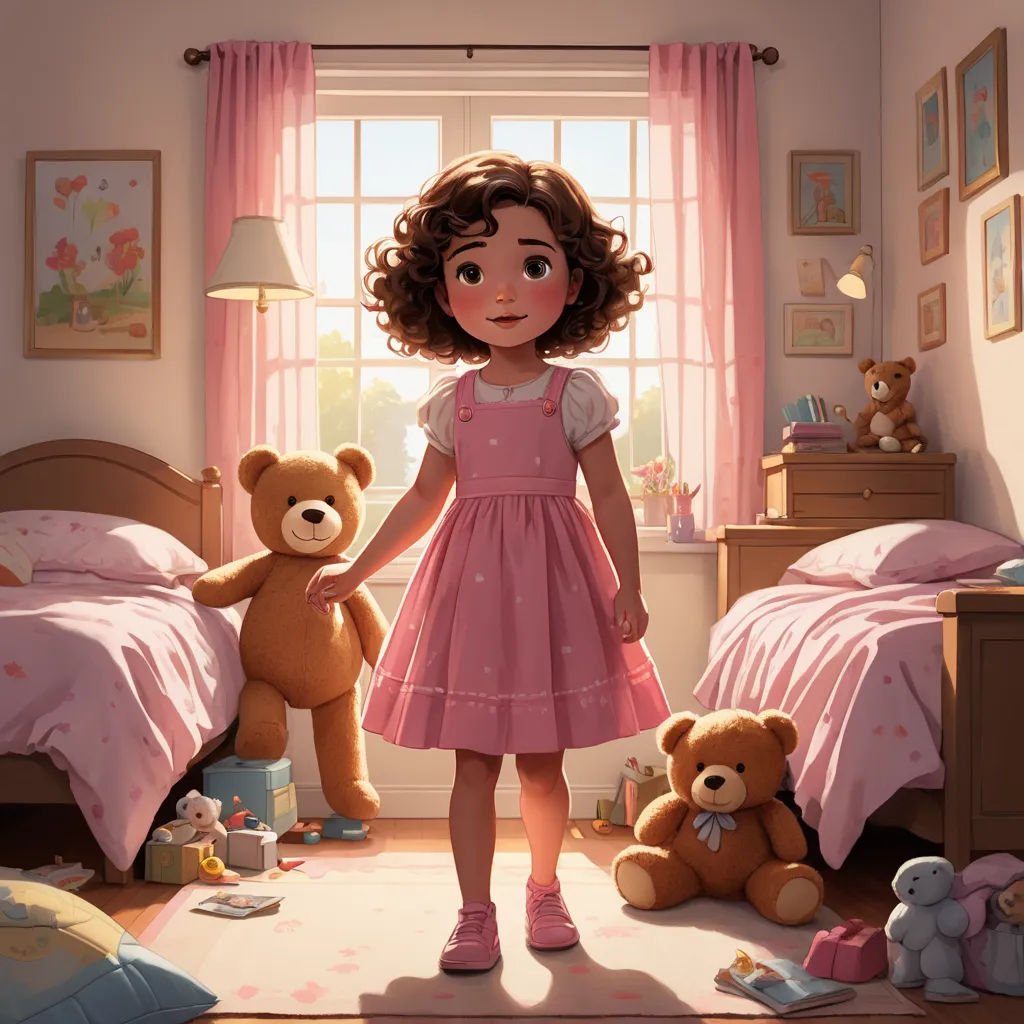 a little girl standing in a bedroom with teddy bears and a window with pink curtains and curtains on the windowsill, photorealism, a storybook illustration, disney, cgstudio