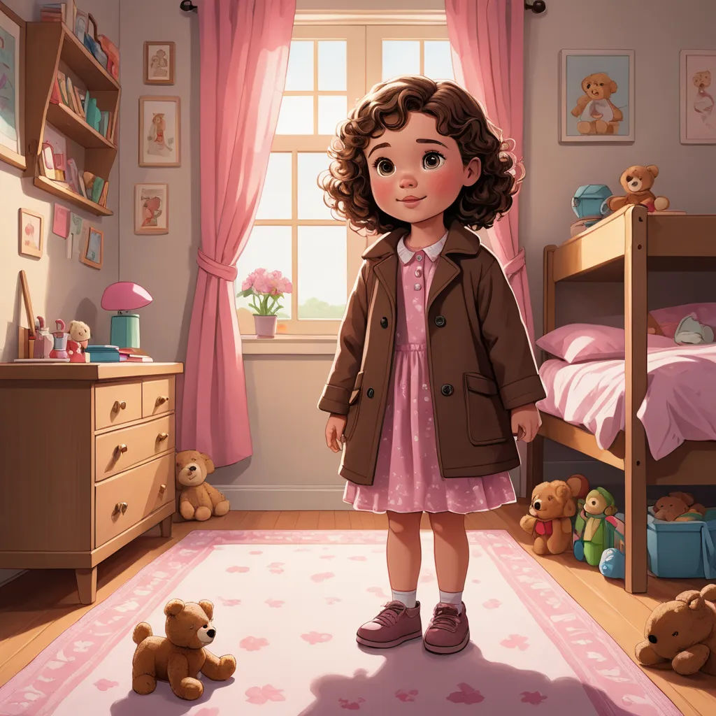 a girl in a pink dress standing in a bedroom with a teddy bear on the floor and a teddy bear on the rug, photorealism, a storybook illustration, Clarice Beckett, pixar style