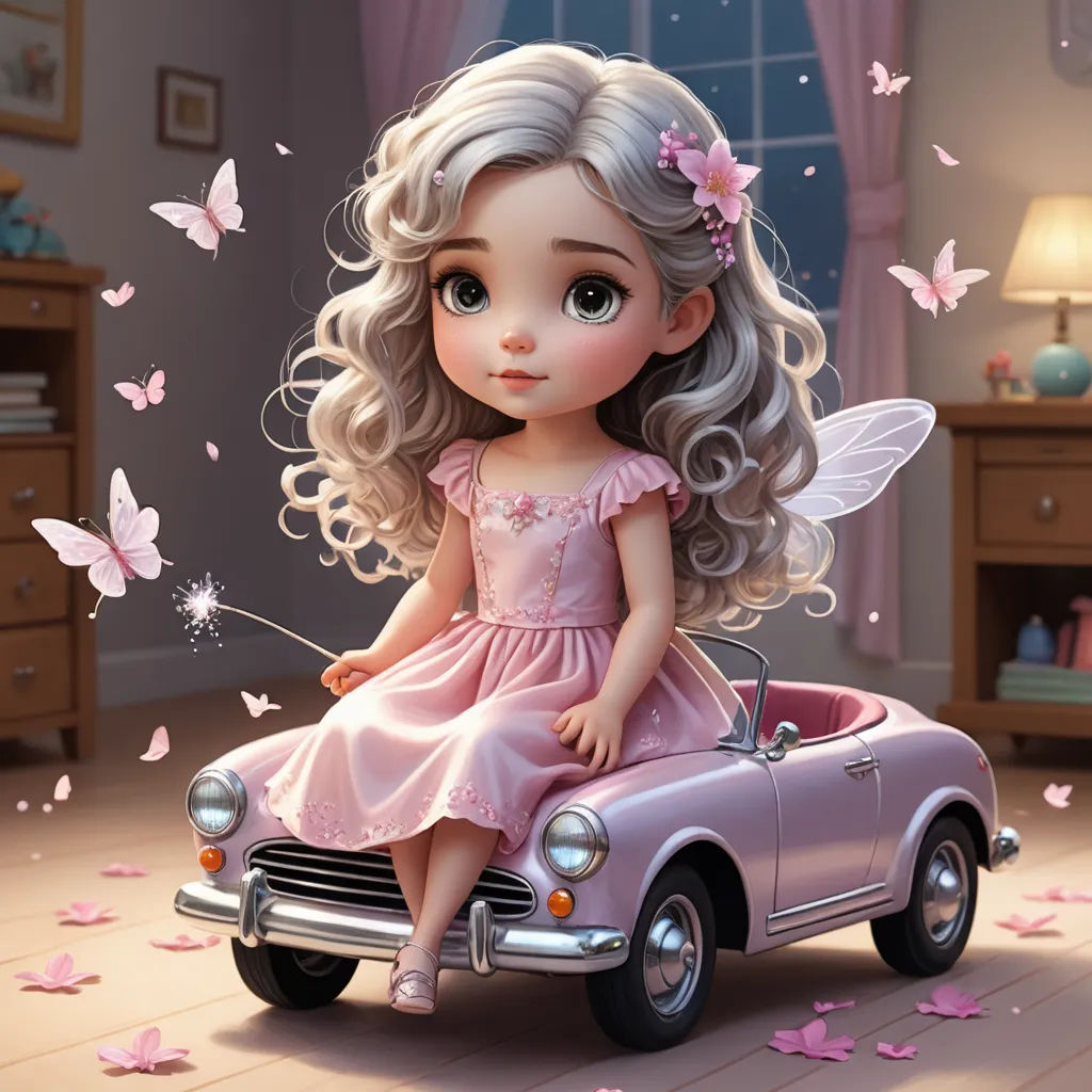 a little girl sitting on top of a pink car in a room with butterflies flying around her and a window, fantasy art, a storybook illustration, Cliff Childs, cgstudio