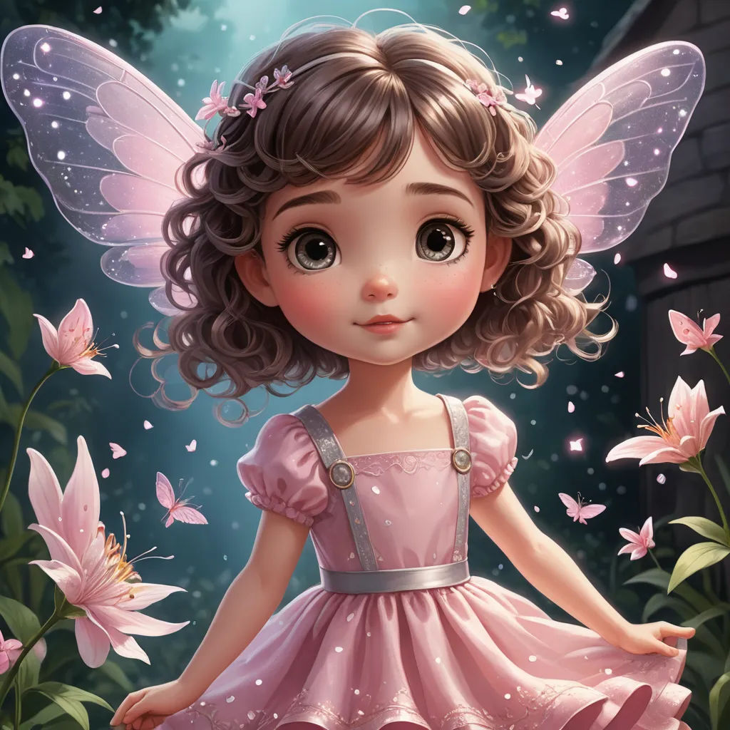a little girl dressed in pink is standing in a garden with pink flowers and butterflies around her, and a fairy like dress, fantasy art, a storybook illustration, Clarice Beckett, kinkade