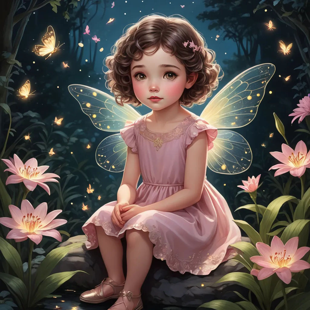 a little girl sitting on a rock with a butterfly on her back and a pink dress on her shoulders, fantasy art, a storybook illustration, Chen Chun, highly detailed digital painting
