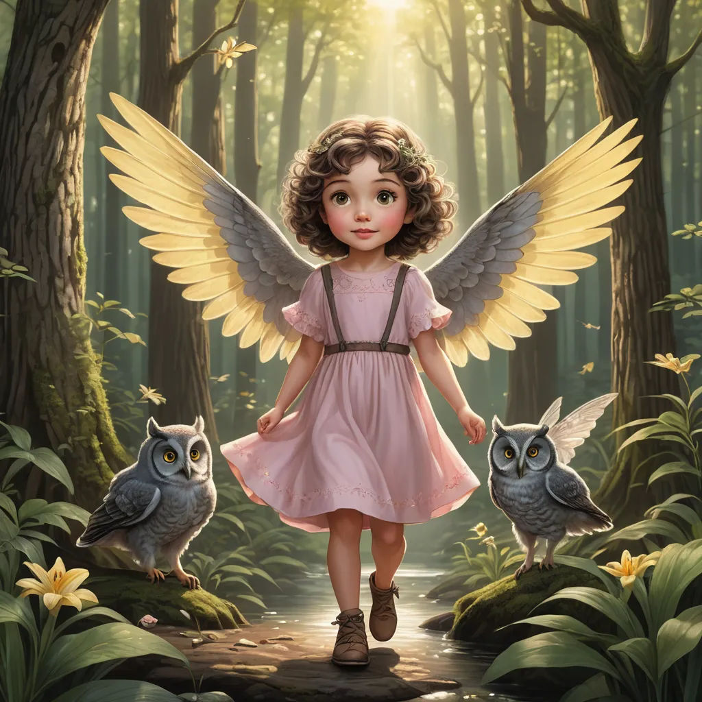 a little girl with wings walking through a forest with two owls on the ground and a bird on the ground, fantasy art, a storybook illustration, Anne Stokes, rossdraws global illumination