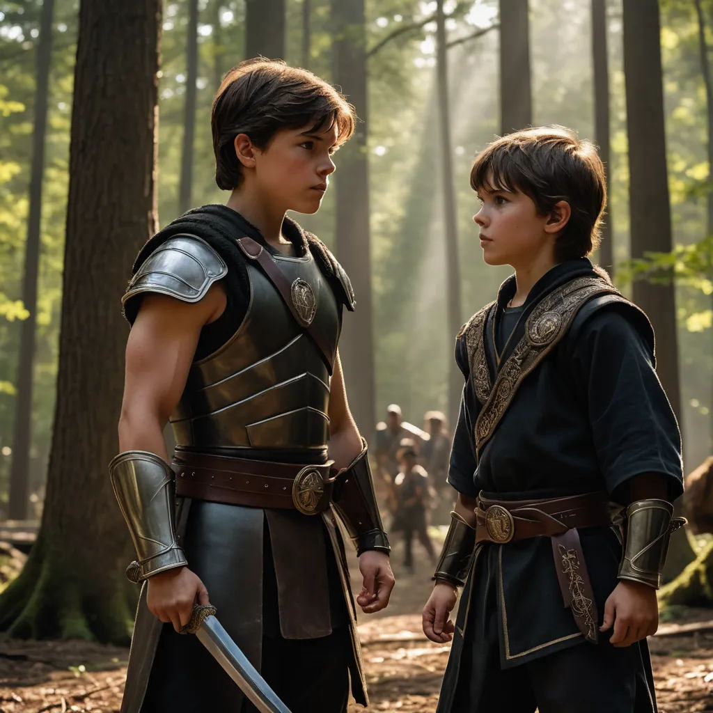 two young men in armor standing in a forest with trees in the background and people in the background behind them, antipodeans, a comic book panel, Everett Warner, promotional image