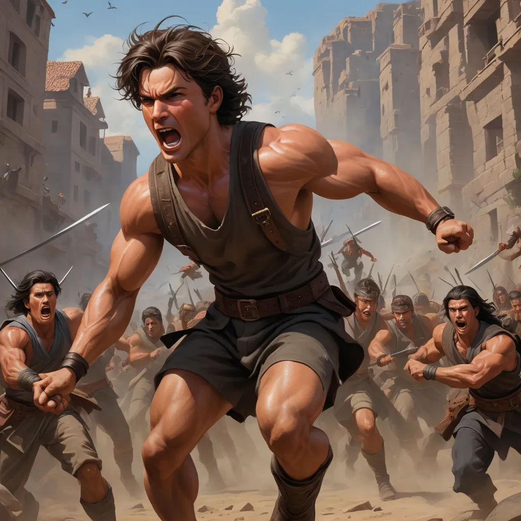 a painting of a man with a sword in front of a group of men in a city street with buildings, fantasy art, a detailed matte painting, Clint Cearley, magic the gathering artwork