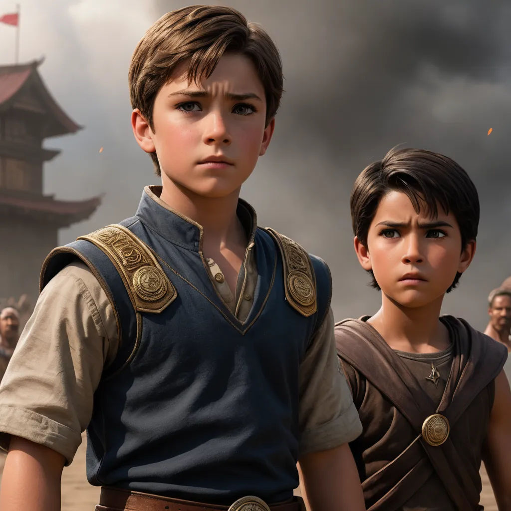 a boy and a boy in front of a building with a flag on it and a man in the background, antipodeans, a detailed matte painting, Du Jin, vfx