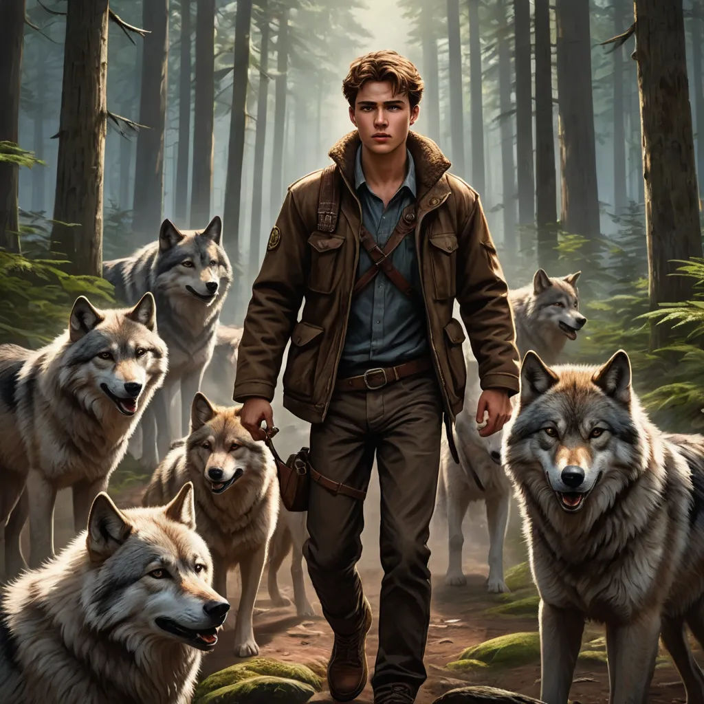 a man is walking through a forest with wolfs in front of him and a dog in the foreground, furry art, poster art, Caspar Wolf, key art